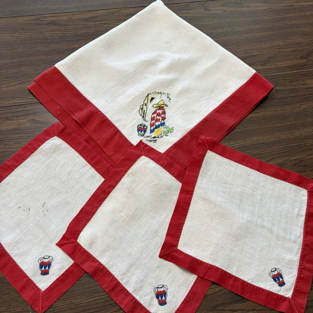 Vintage Mexicana Embroidered Linen Topper Napkin Set Guests Cactus Decor